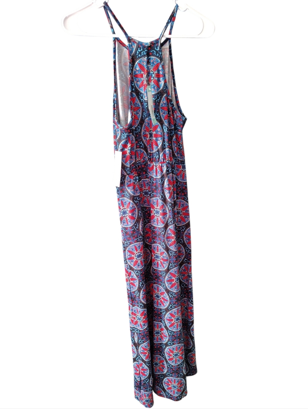 French Grey Sleeveless Navy & Red Medallion Knit Maxi Dress - Picture 3 of 6